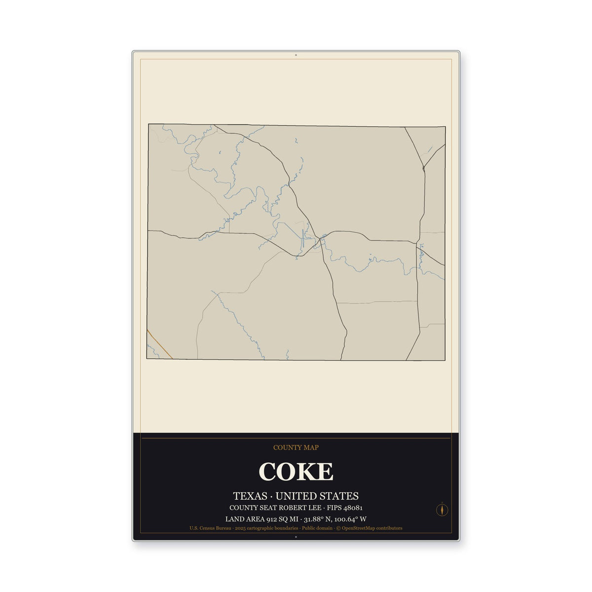 Coke County, Texas Map Aluminum Sign in Museum Plaque style