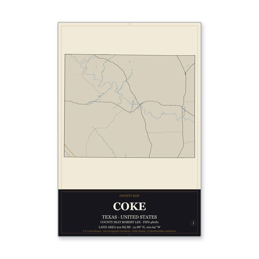 Coke County, Texas Map Aluminum Sign in Museum Plaque style