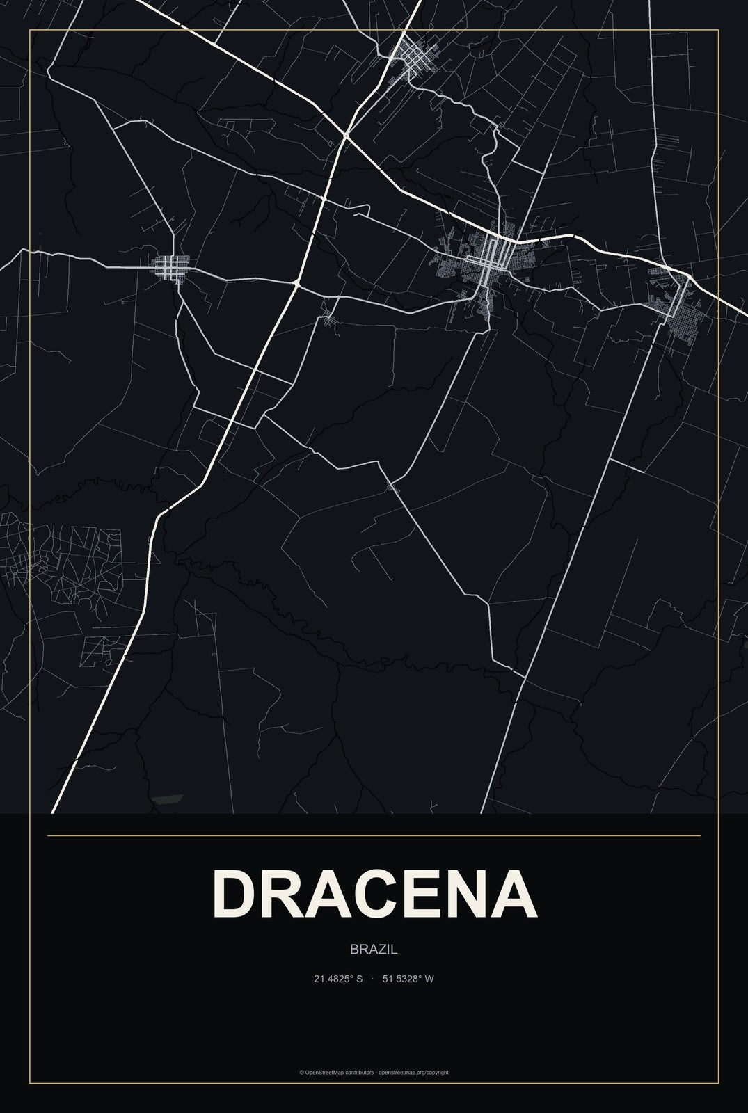 Dracena, Brazil City Map Aluminum Sign in Metropolitan Noir style