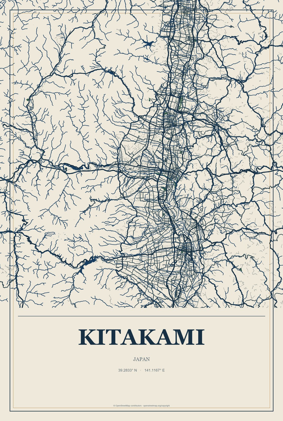 Kitakami, Japan City Map Aluminum Sign in Coastal Cutout style
