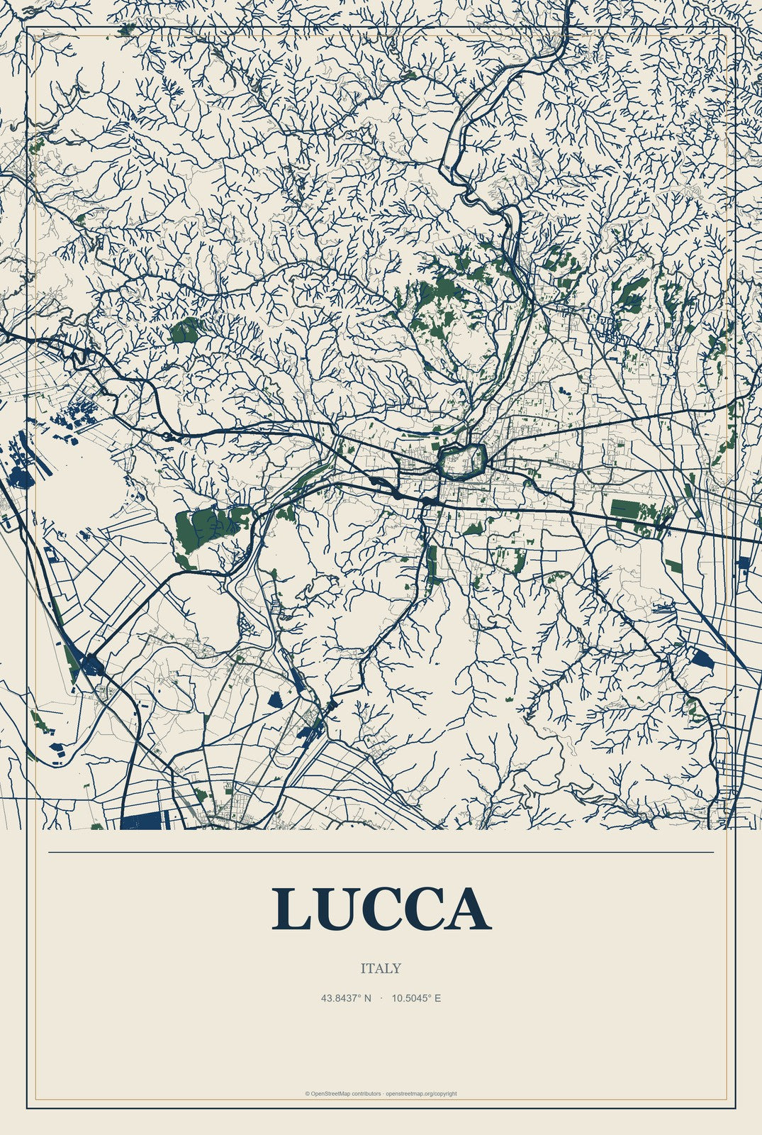 Lucca, Italy City Map Aluminum Sign in Coastal Cutout style