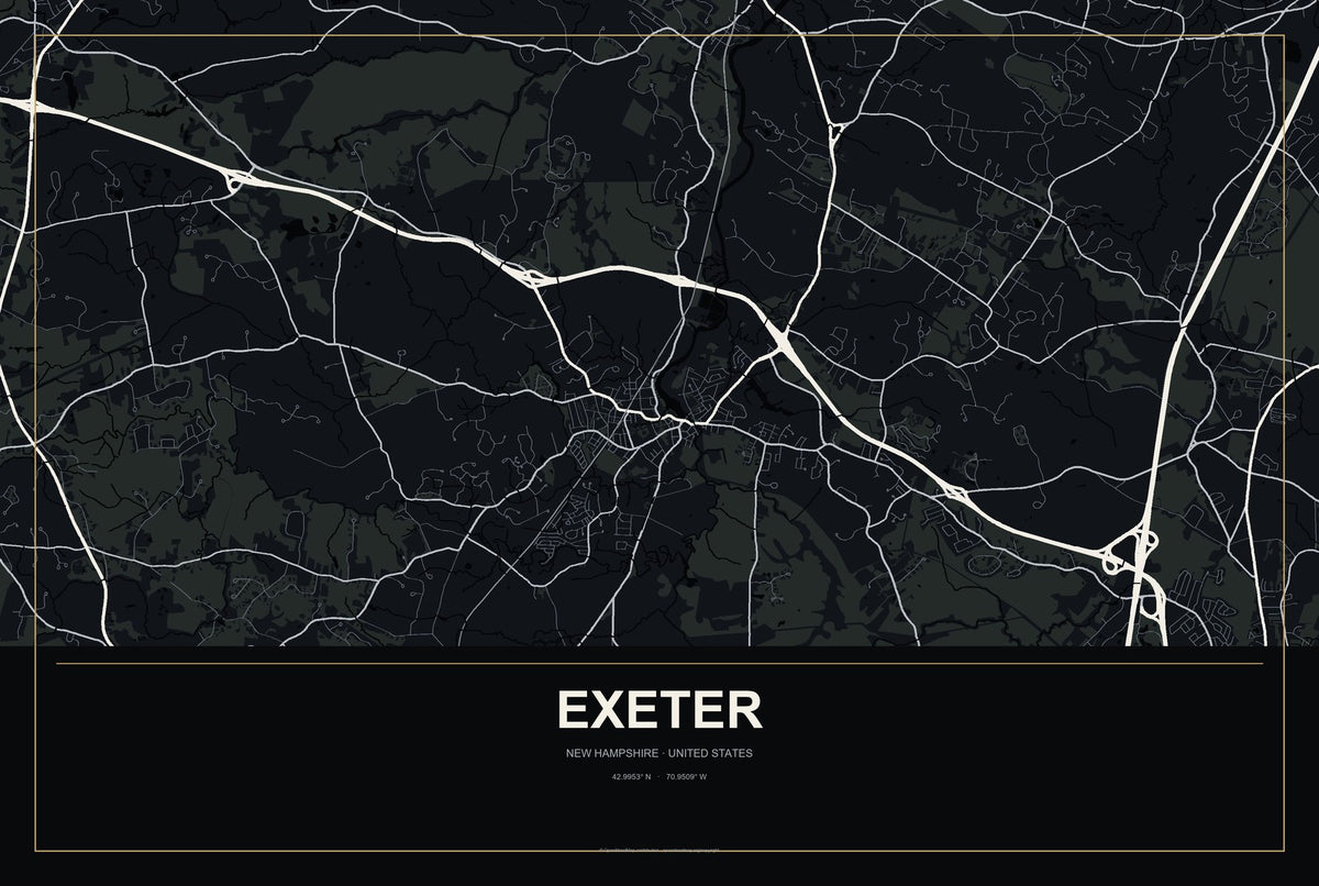 Exeter, New Hampshire City Map Aluminum Sign in Metropolitan Noir style