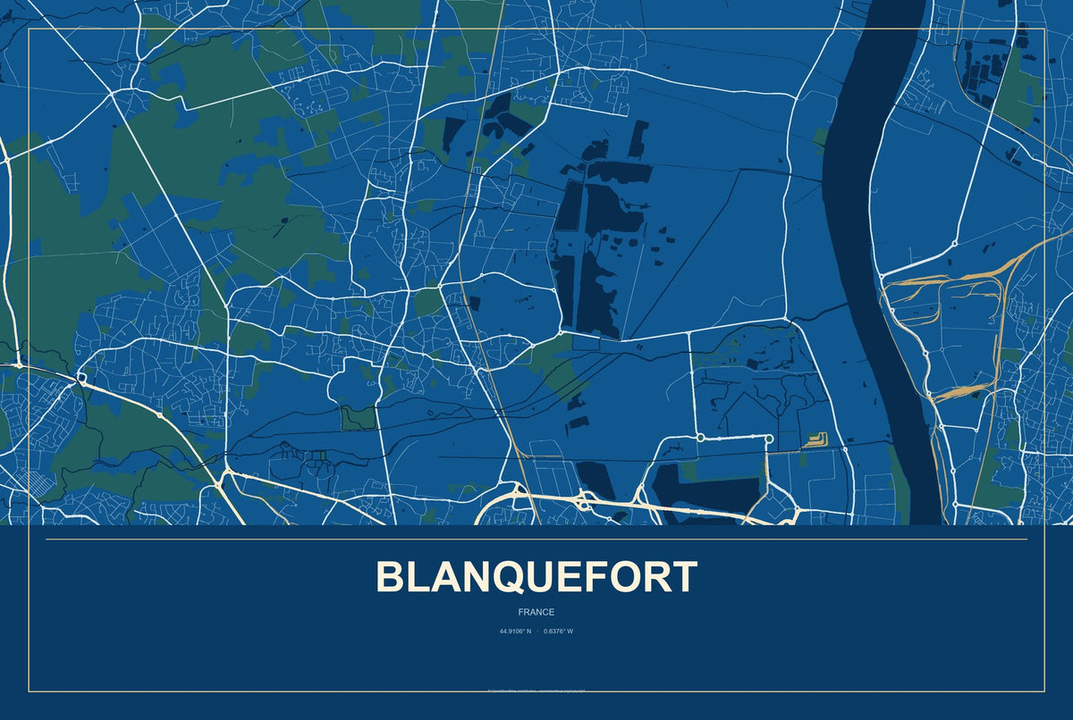 Blanquefort, France City Map Aluminum Sign in Harbor Cobalt style