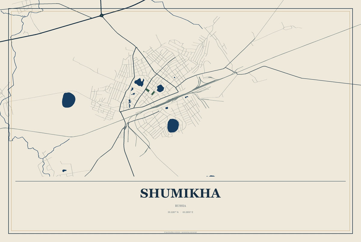 Shumikha, Russia City Map Aluminum Sign in Coastal Cutout style
