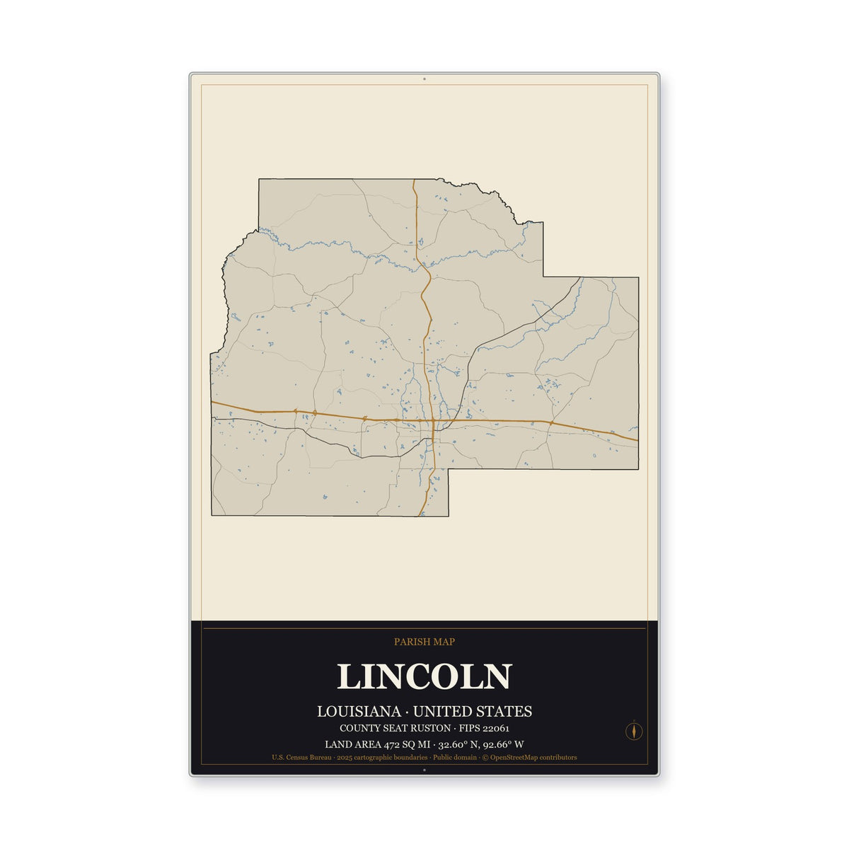 Lincoln Parish, Louisiana Map Aluminum Sign in Museum Plaque style