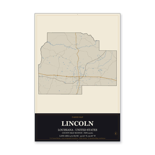 Lincoln Parish, Louisiana Map Aluminum Sign in Museum Plaque style