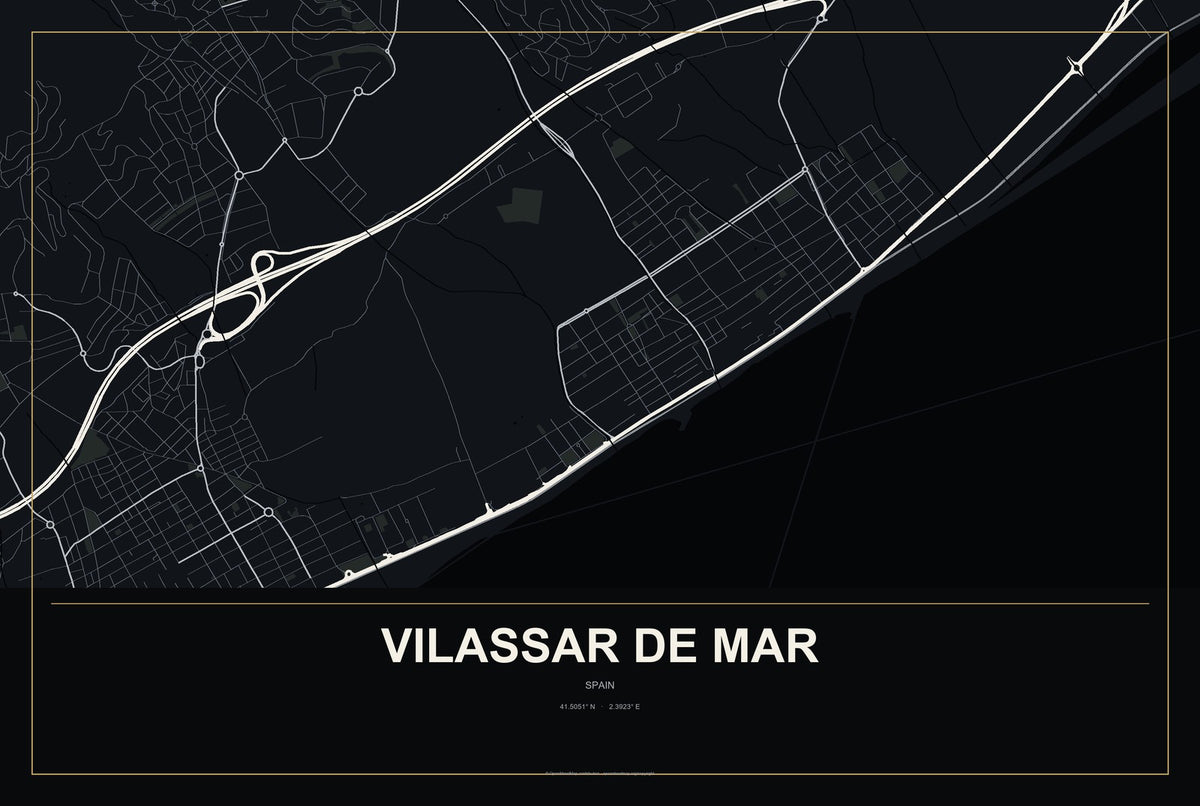 Vilassar de Mar, Spain City Map Aluminum Sign in Metropolitan Noir style