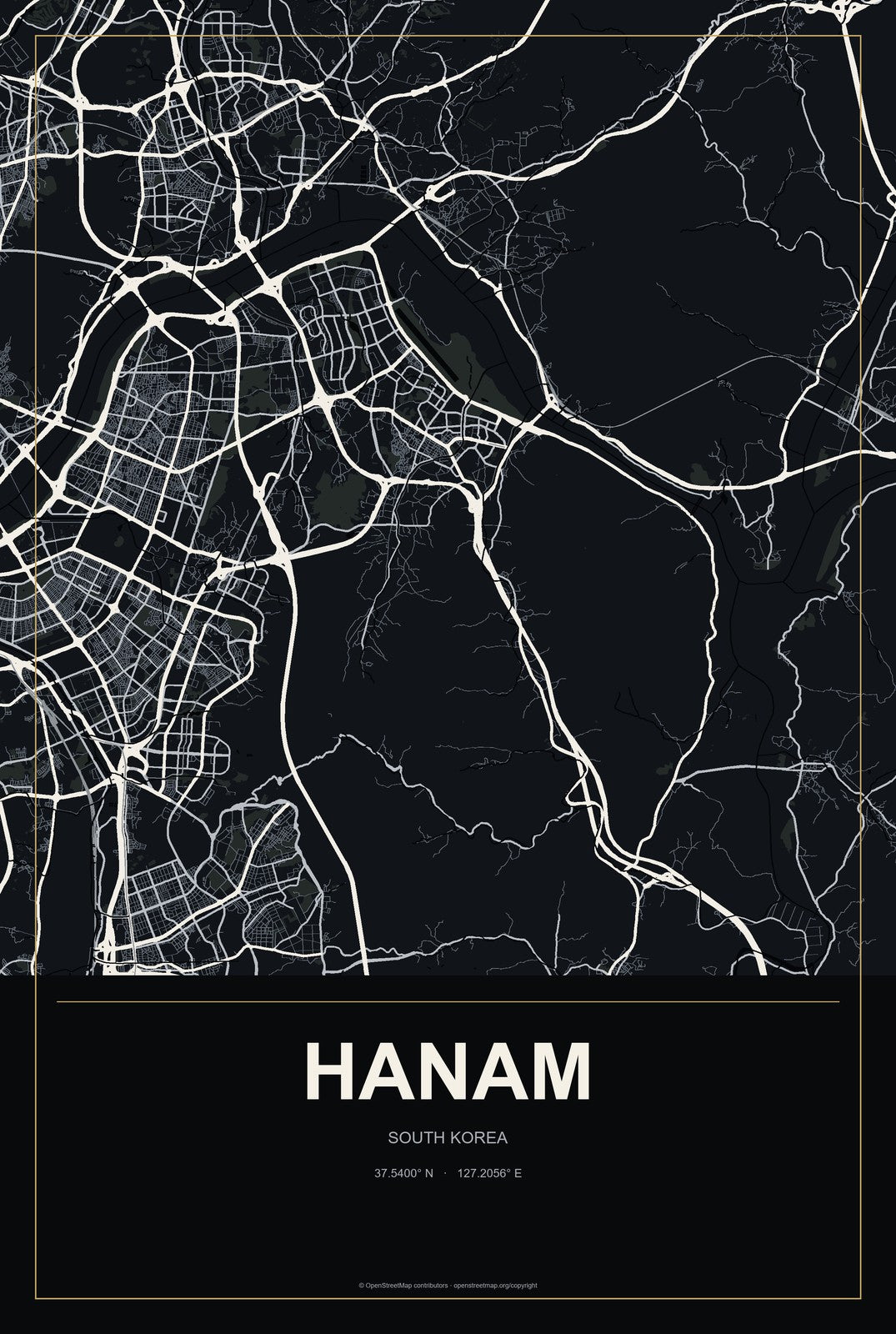 Hanam, South Korea City Map Aluminum Sign in Metropolitan Noir style