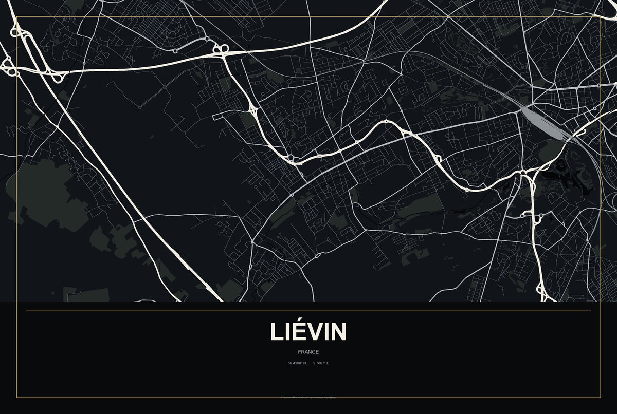 Liévin, France City Map Aluminum Sign in Metropolitan Noir style