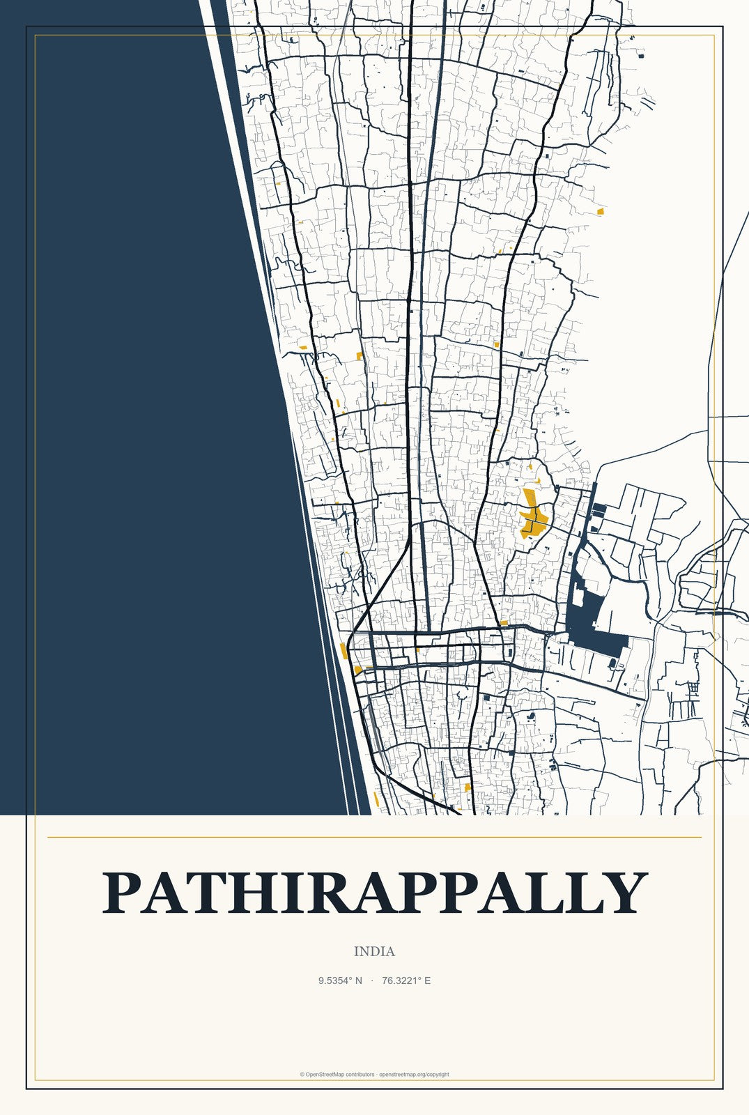 Pathirappally, India City Map Aluminum Sign in Citrine Modern style