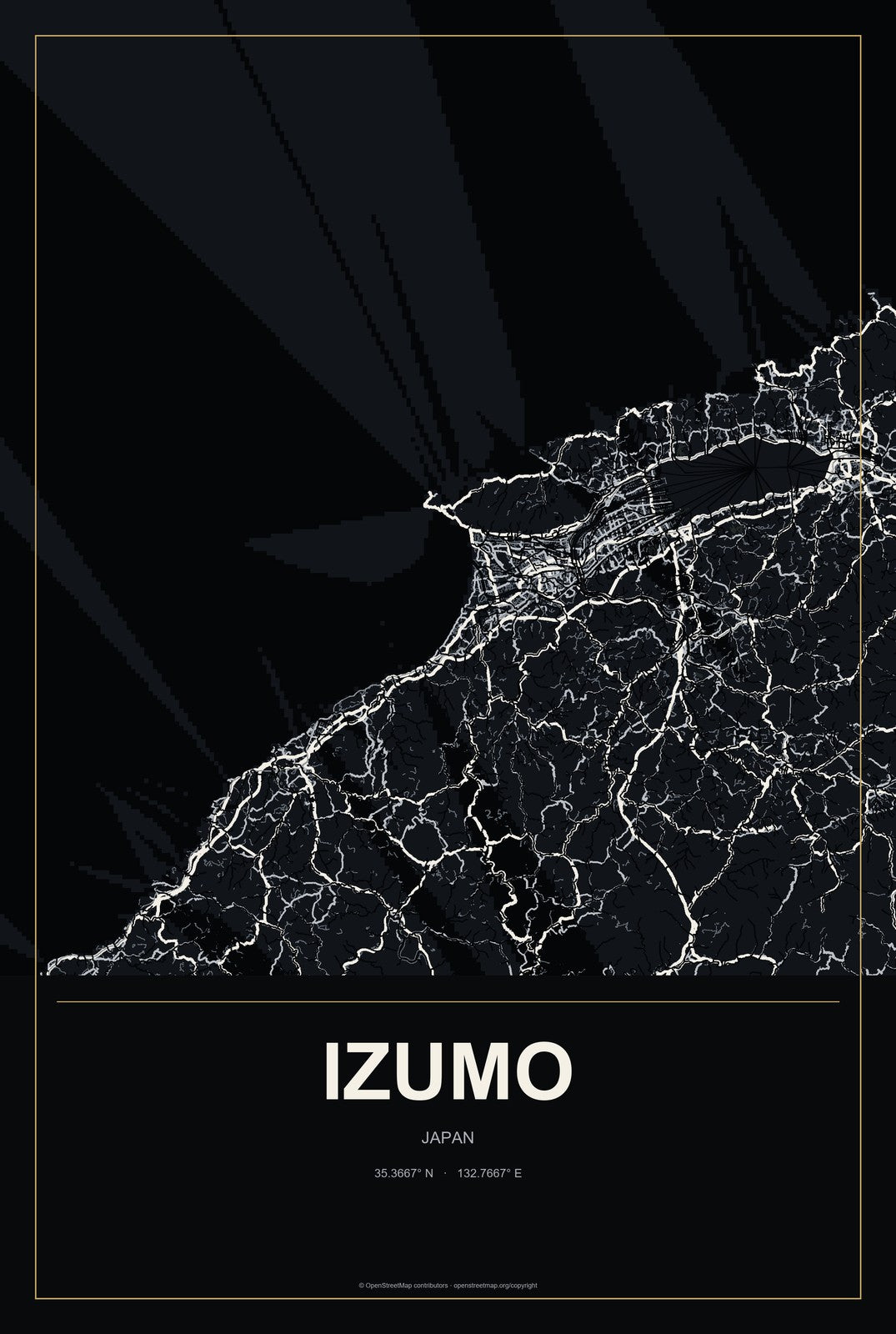 Izumo, Japan City Map Aluminum Sign in Metropolitan Noir style