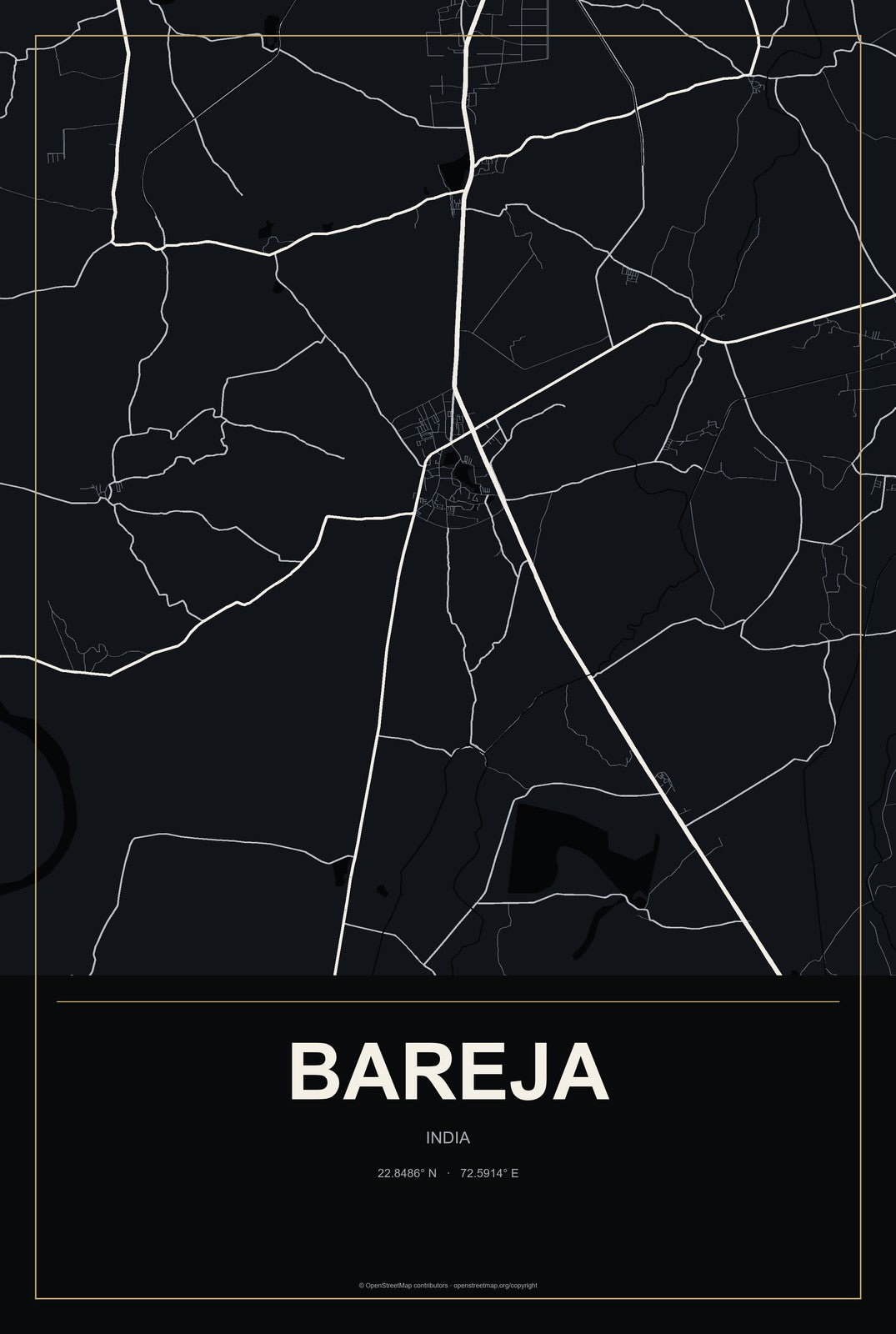 Bareja, India City Map Aluminum Sign in Metropolitan Noir style