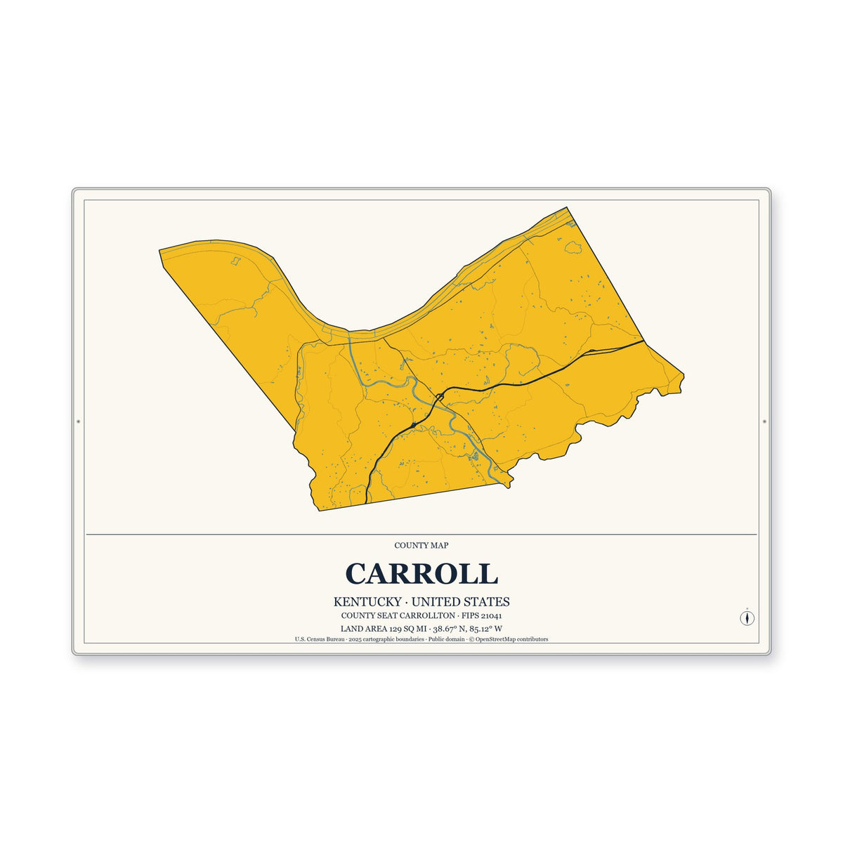 Carroll County, Kentucky Map Aluminum Sign in Citrine Modern style