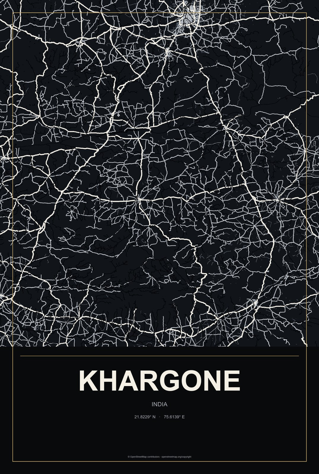 Khargone, India City Map Aluminum Sign in Metropolitan Noir style