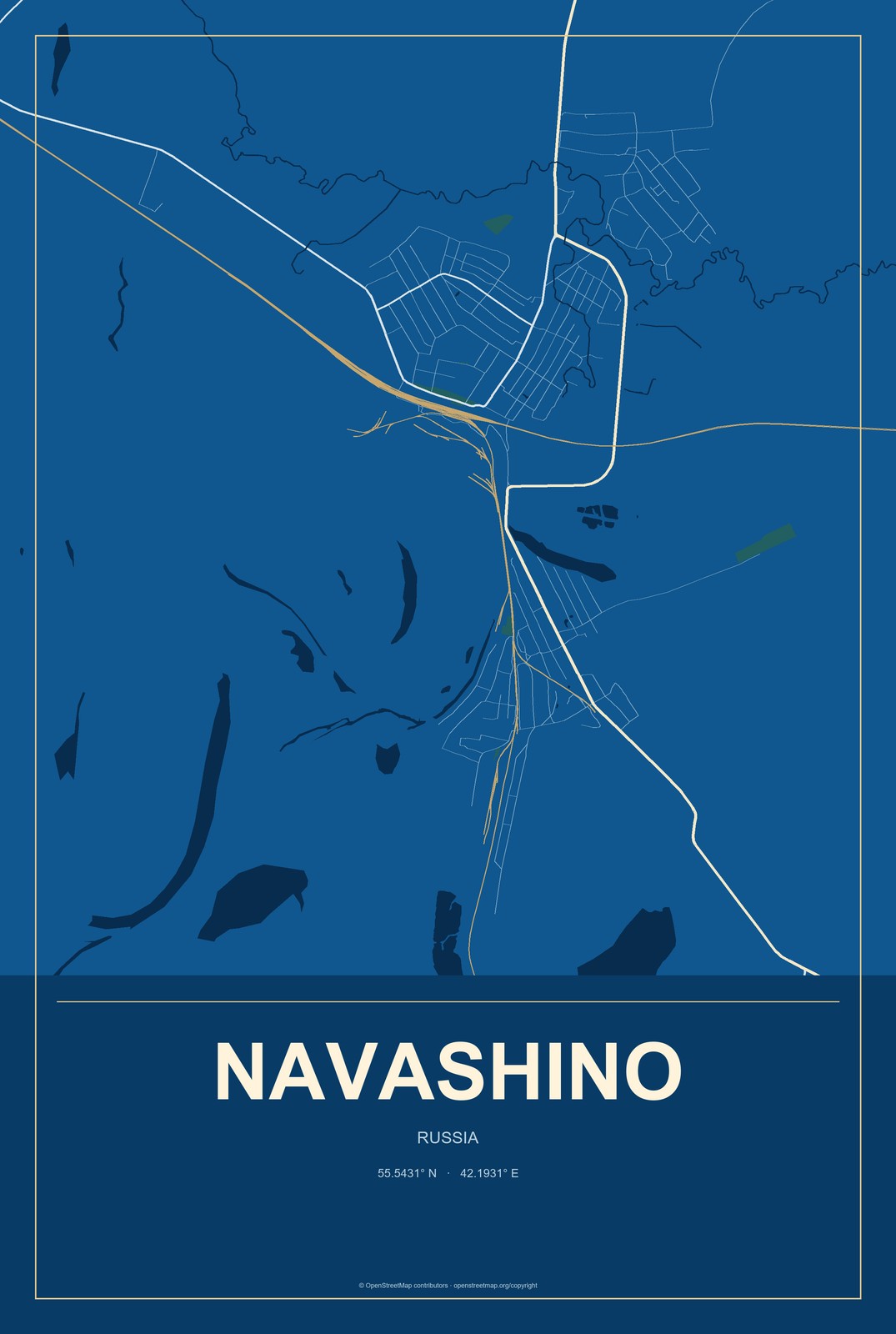 Navashino, Russia City Map Aluminum Sign in Harbor Cobalt style