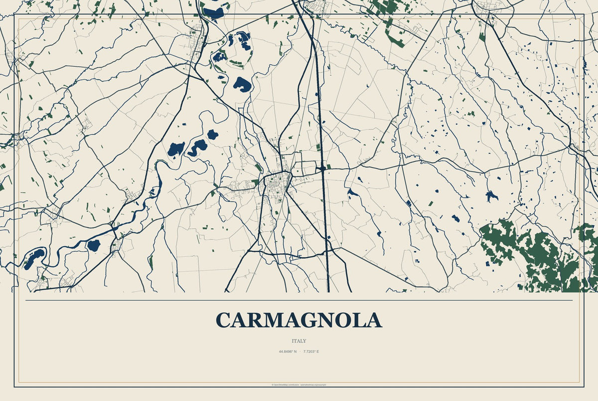 Carmagnola, Italy City Map Aluminum Sign in Coastal Cutout style