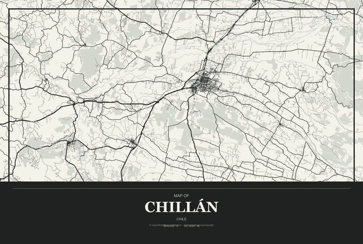 Chillán, Chile City Map Aluminum Sign in Museum Plaque style