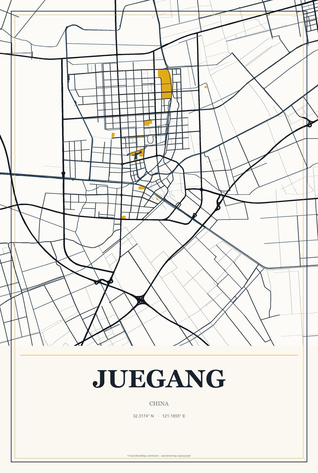 Juegang, China City Map Aluminum Sign in Citrine Modern style
