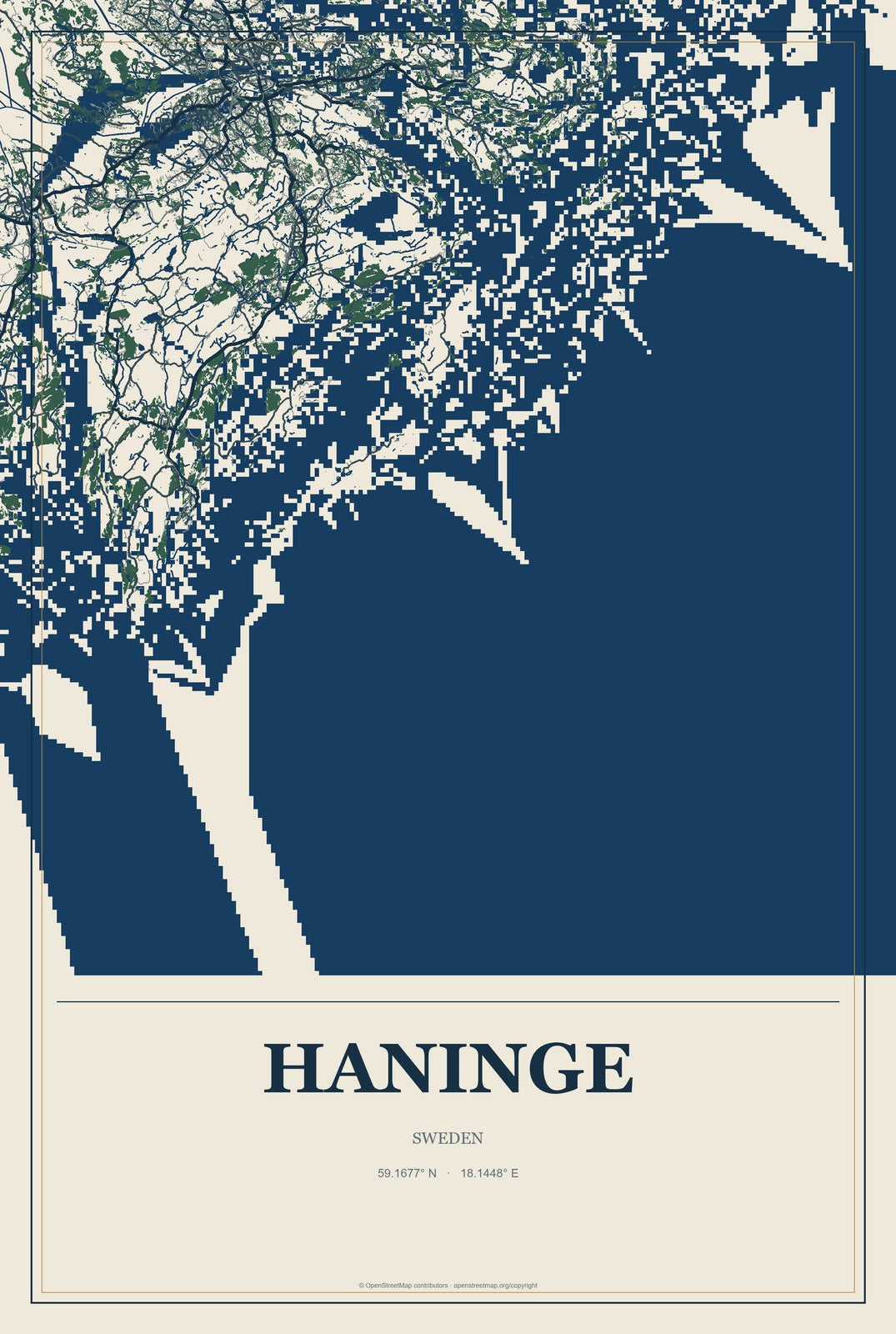 Haninge, Sweden City Map Aluminum Sign in Coastal Cutout style