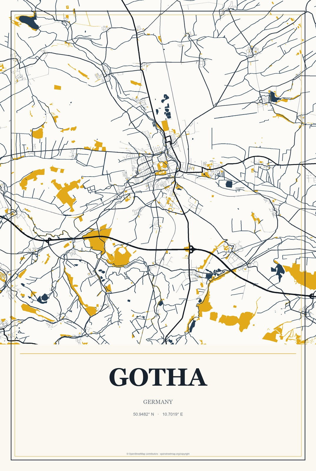 Gotha, Germany City Map Aluminum Sign in Citrine Modern style
