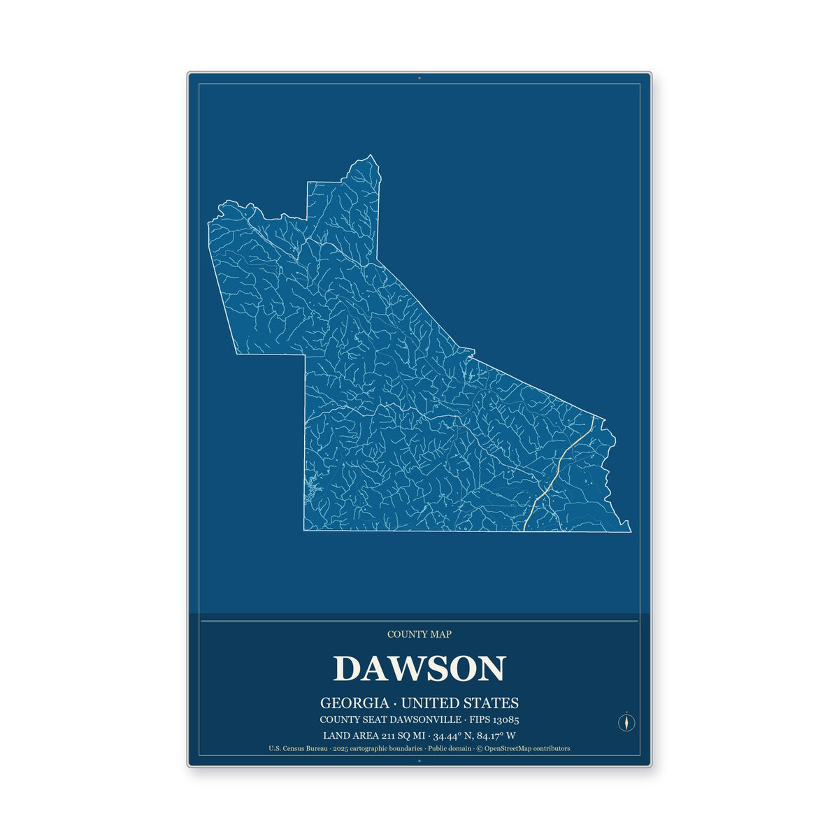 Dawson County, Georgia Map Aluminum Sign in Harbor Cobalt style