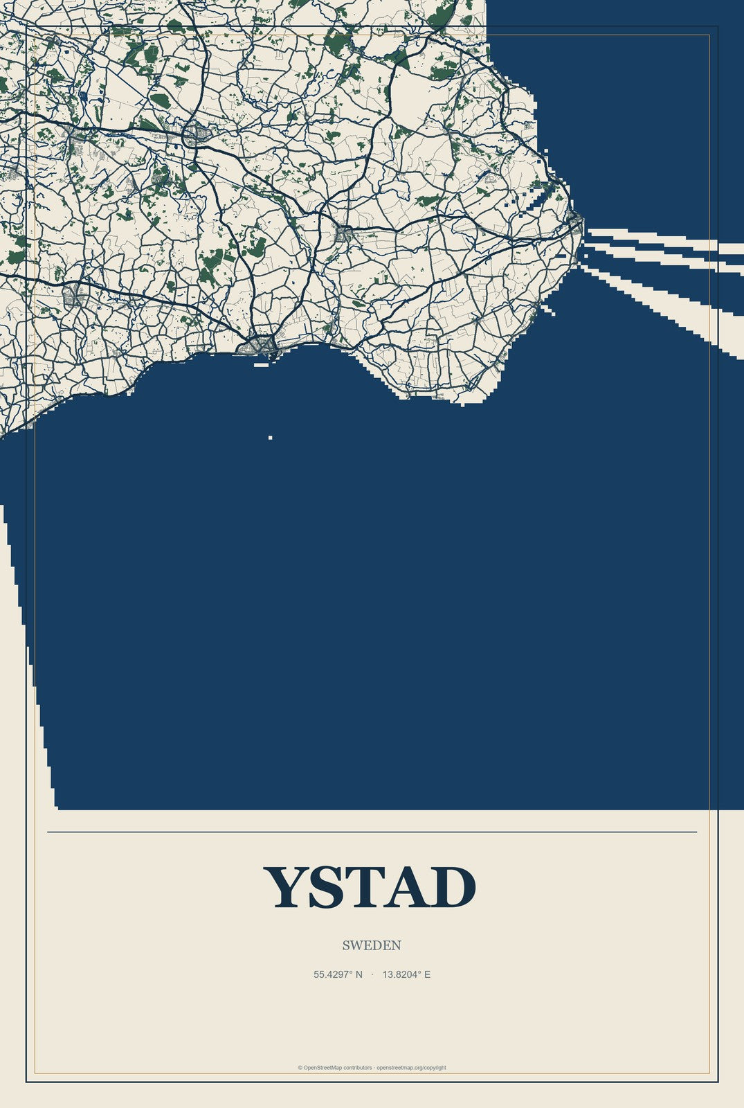 Ystad, Sweden City Map Aluminum Sign in Coastal Cutout style