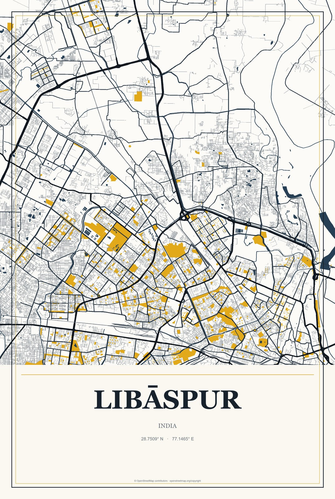 Libāspur, India City Map Aluminum Sign in Citrine Modern style