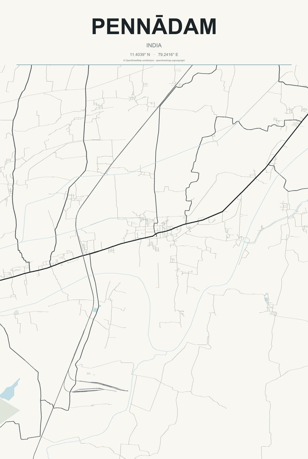 Pennādam, India City Map Aluminum Sign in Headline Atlas style