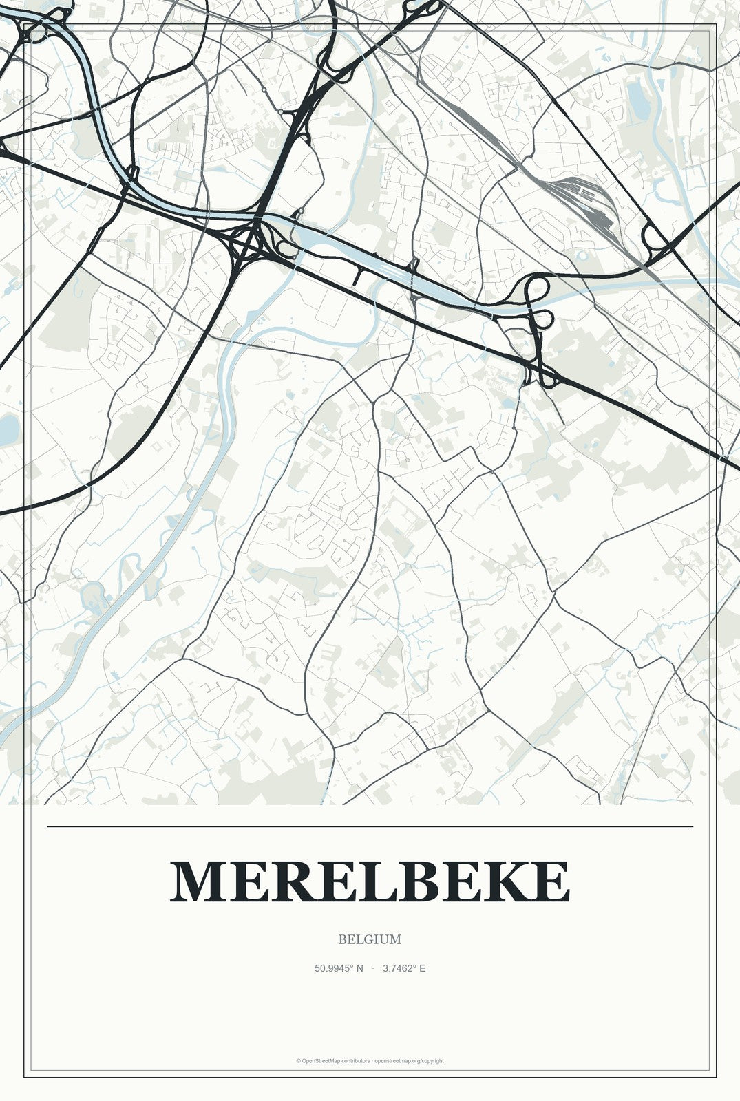 Merelbeke, Belgium City Map Aluminum Sign in Gallery Air style
