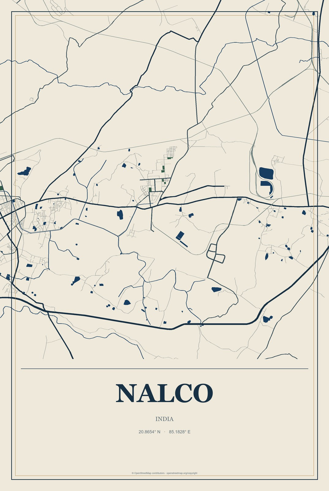Nalco, India City Map Aluminum Sign in Coastal Cutout style