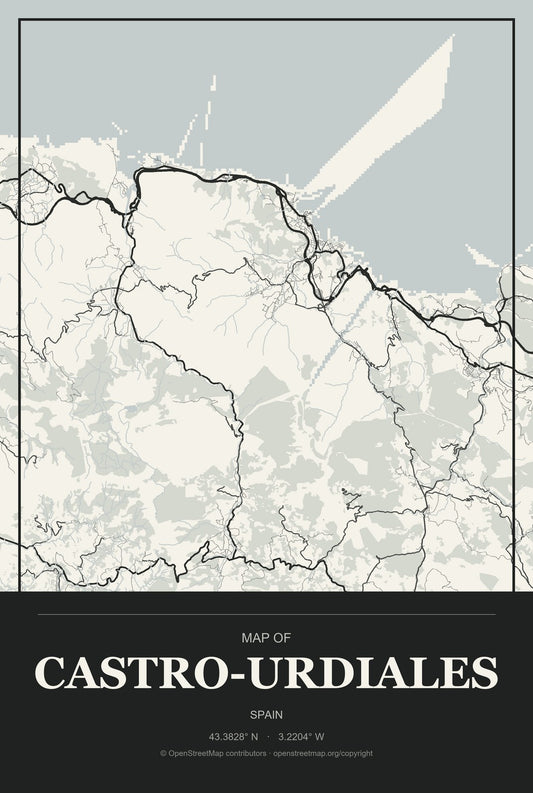 Castro-Urdiales, Spain City Map Aluminum Sign in Museum Plaque style