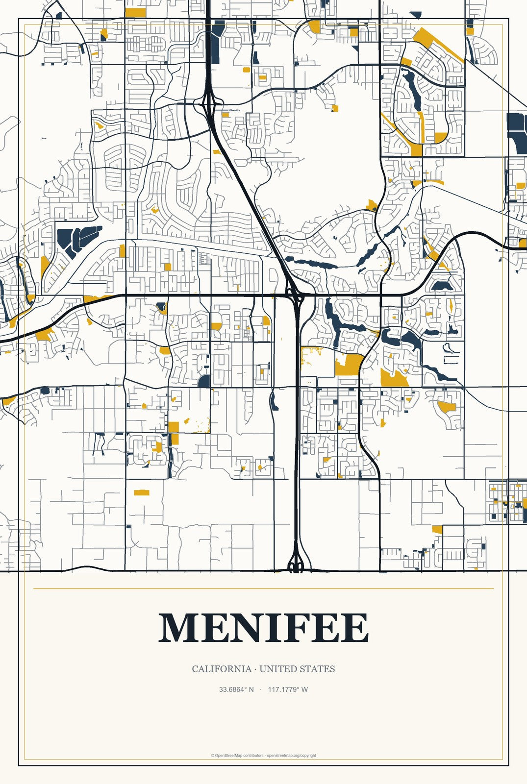 Menifee, California City Map Aluminum Sign in Citrine Modern style