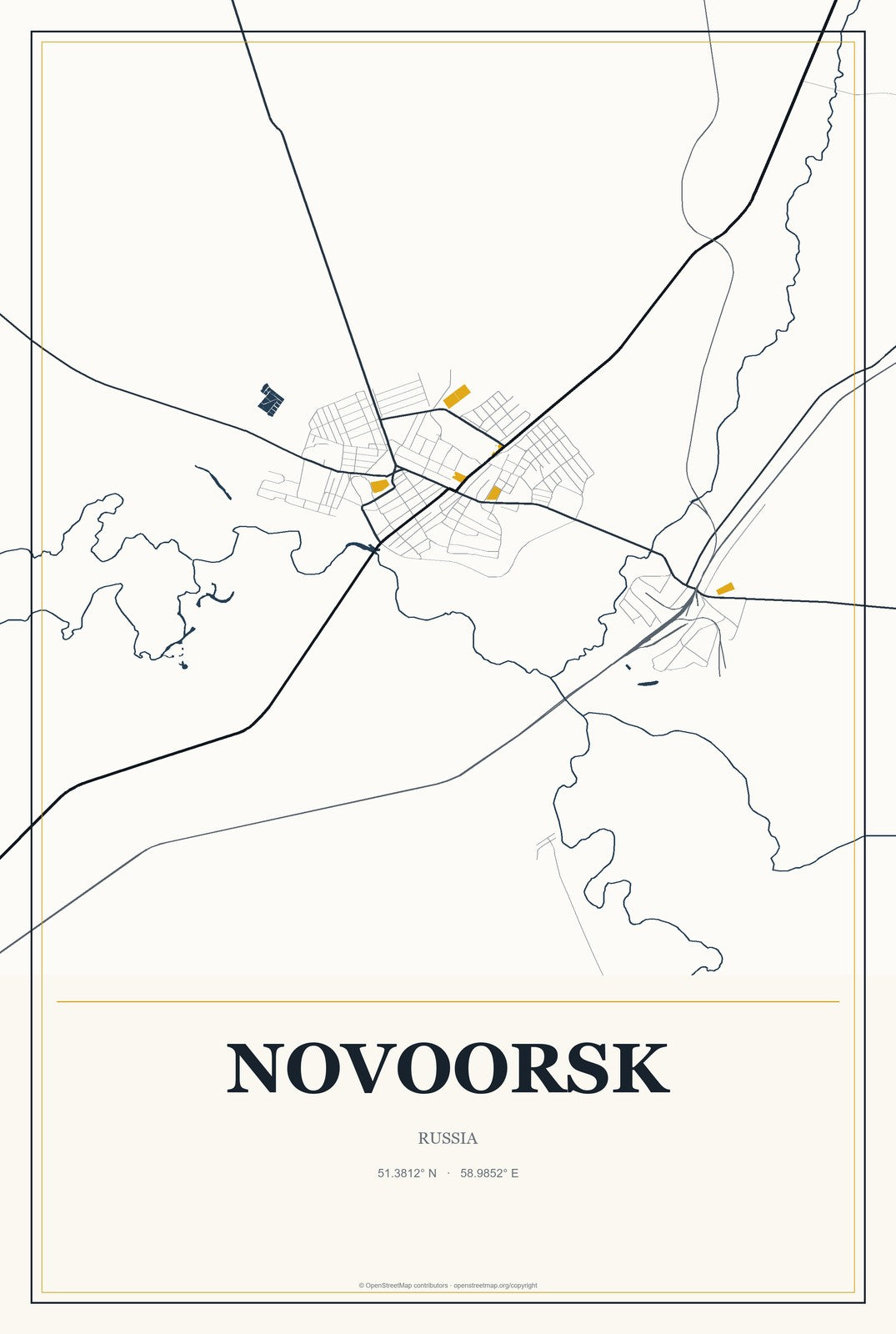 Novoorsk, Russia City Map Aluminum Sign in Citrine Modern style