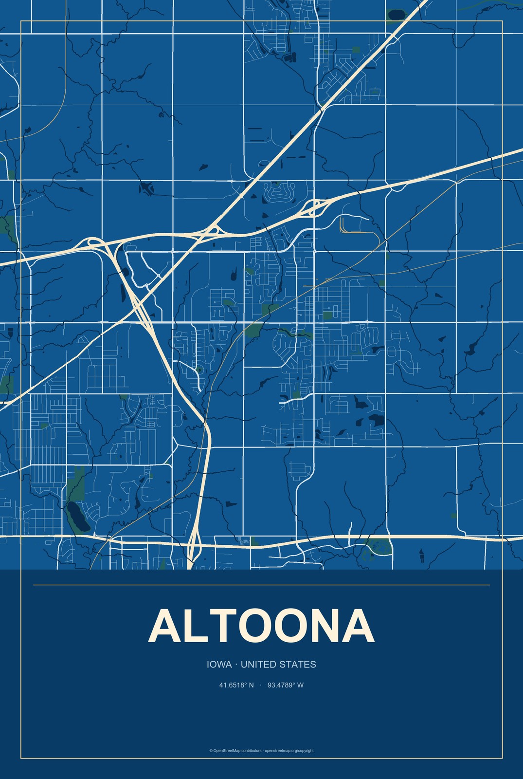 Altoona, Iowa City Map Aluminum Sign in Harbor Cobalt style