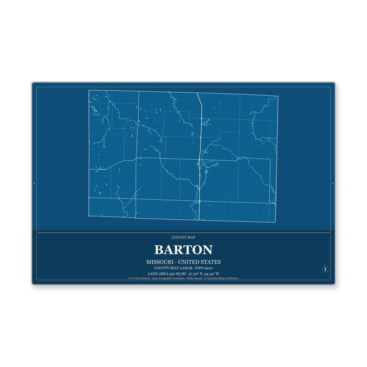 Barton County, Missouri Map Aluminum Sign in Harbor Cobalt style