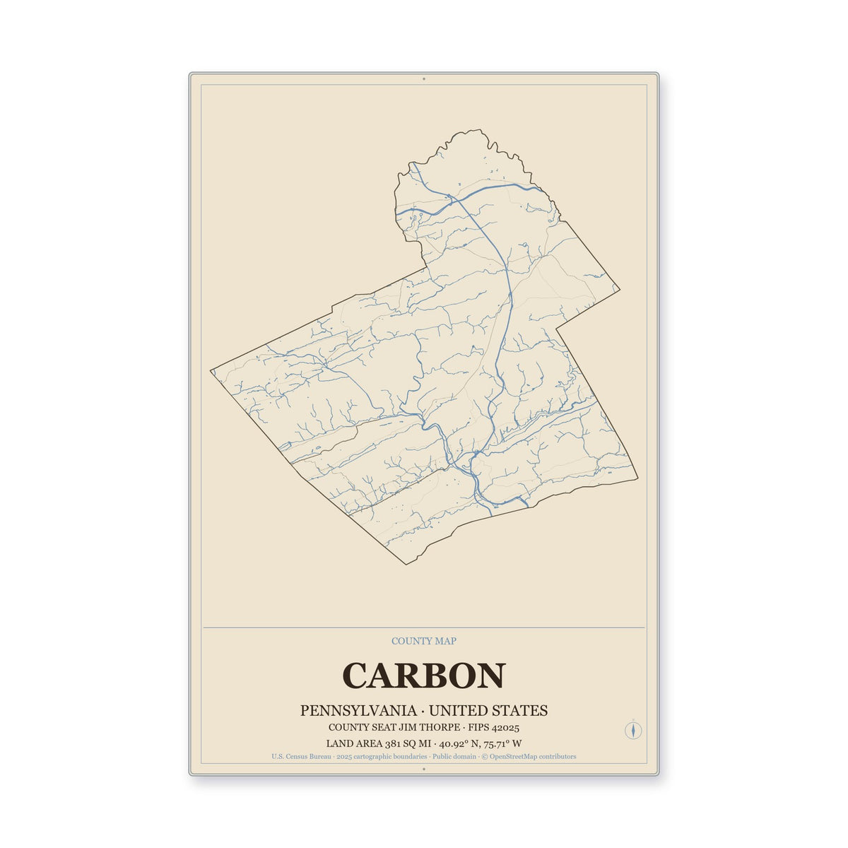 Carbon County, Pennsylvania Map Aluminum Sign in Heritage Nautical style