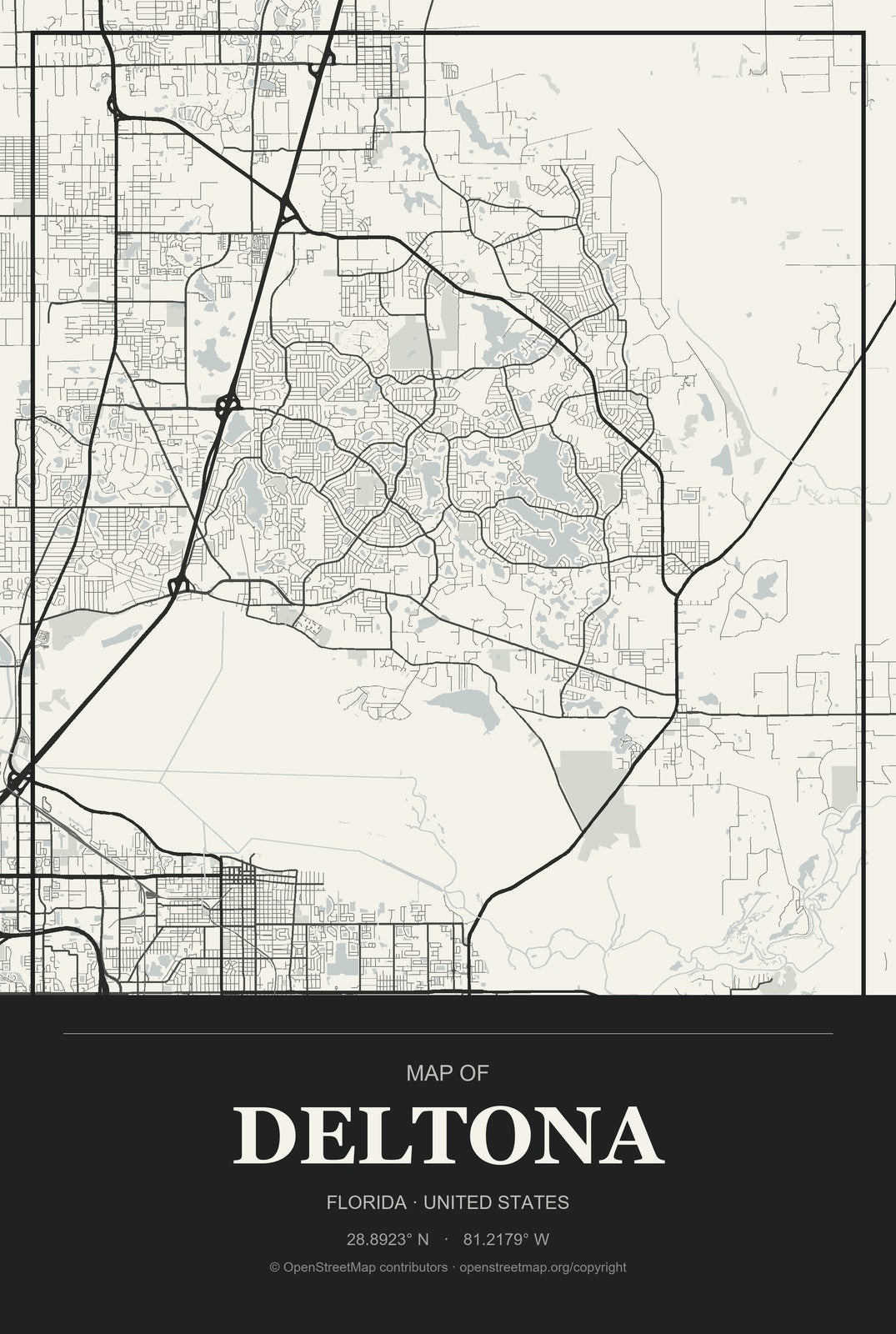 Deltona, Florida City Map Aluminum Sign in Museum Plaque style