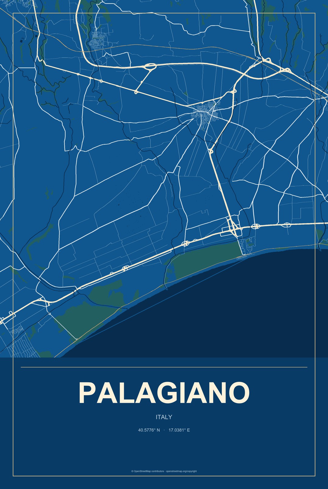 Palagiano, Italy City Map Aluminum Sign in Harbor Cobalt style