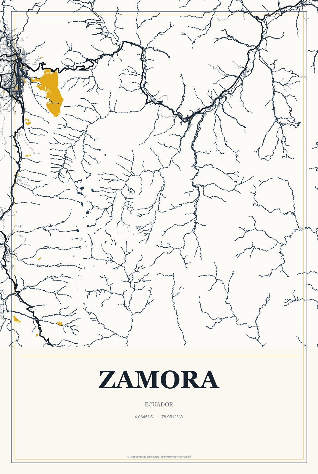 Zamora, Ecuador City Map Aluminum Sign in Citrine Modern style