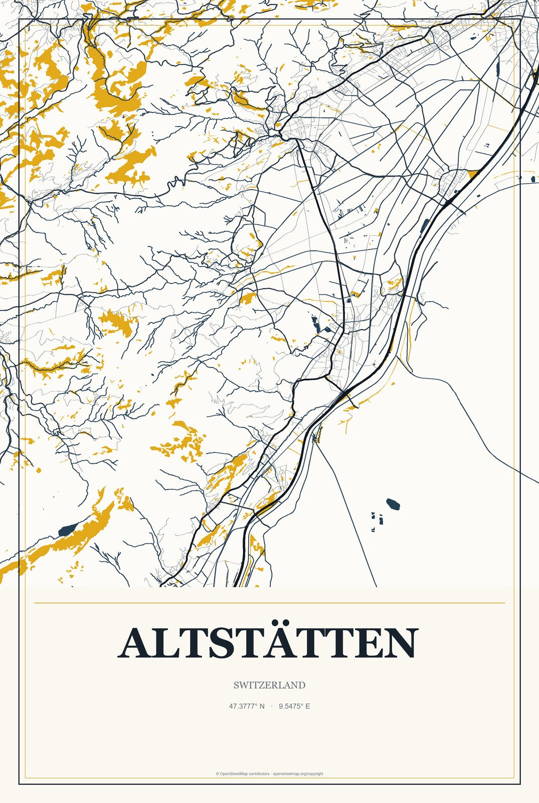 Altstätten, Switzerland City Map Aluminum Sign in Citrine Modern style