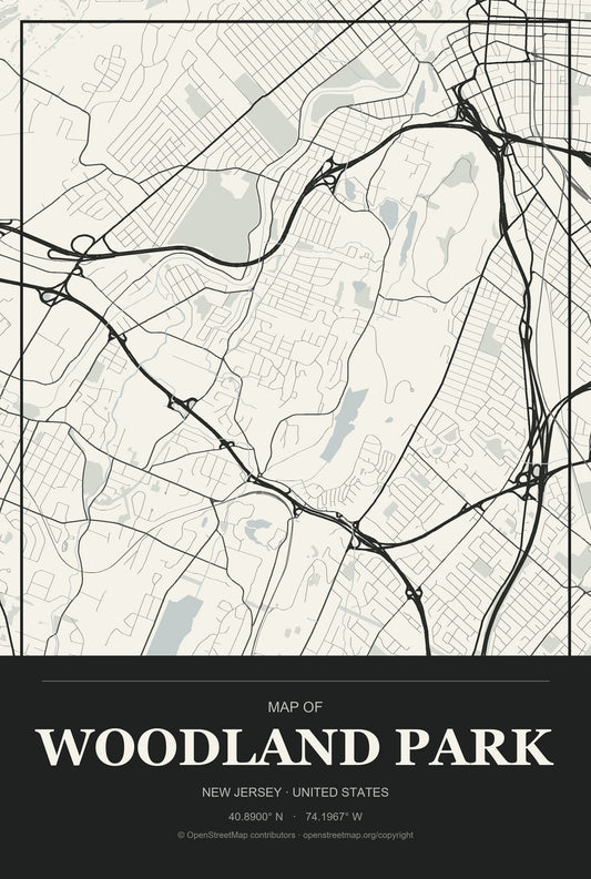 Woodland Park, New Jersey City Map Aluminum Sign in Museum Plaque style