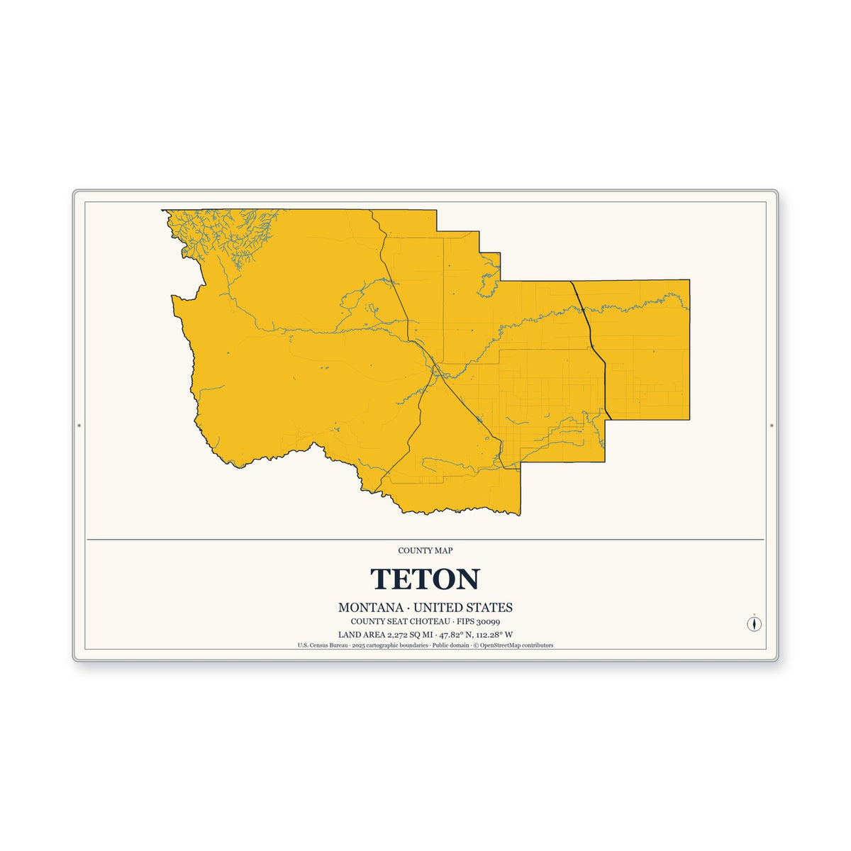 Teton County, Montana Map Aluminum Sign in Citrine Modern style
