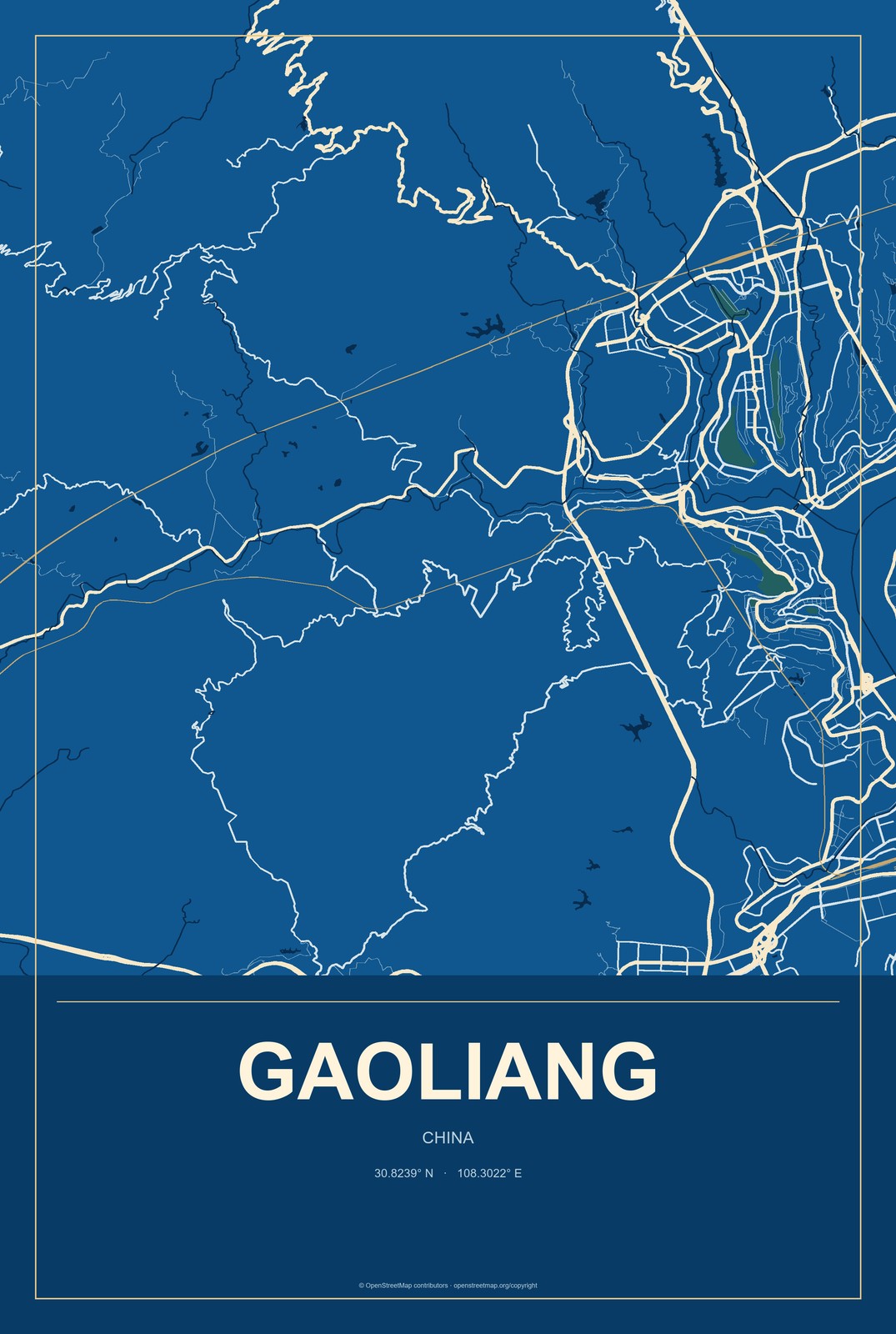 Gaoliang, China City Map Aluminum Sign in Harbor Cobalt style