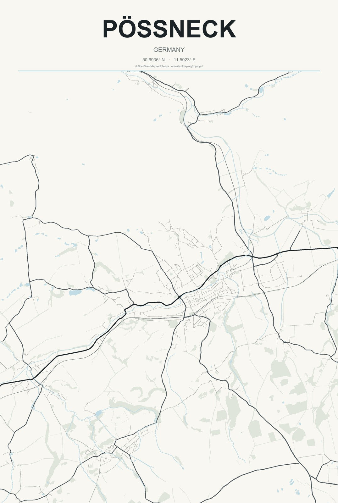 Pößneck, Germany City Map Aluminum Sign in Headline Atlas style