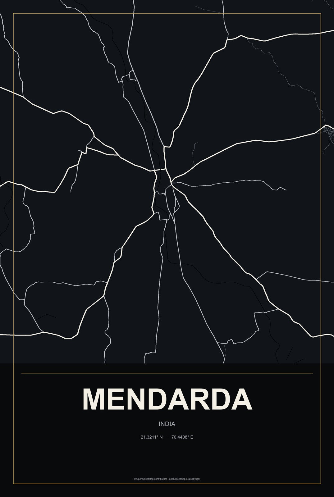 Mendarda, India City Map Aluminum Sign in Metropolitan Noir style