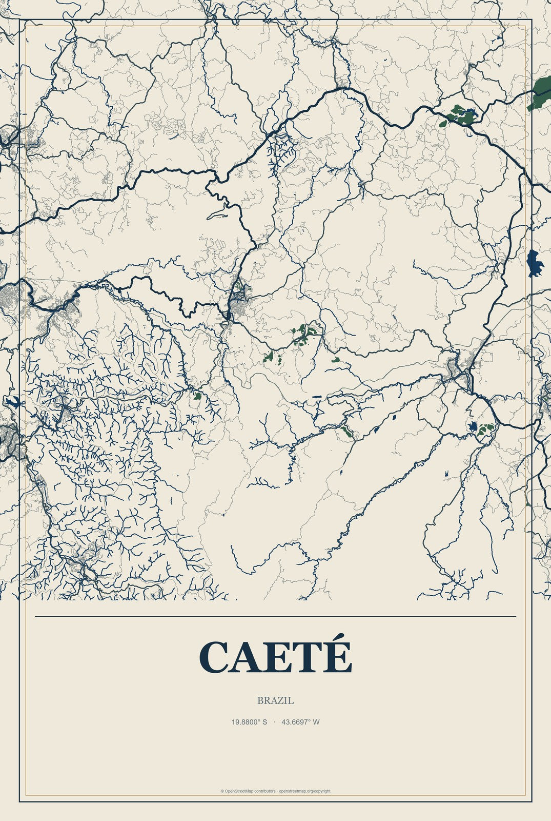 Caeté, Brazil City Map Aluminum Sign in Coastal Cutout style
