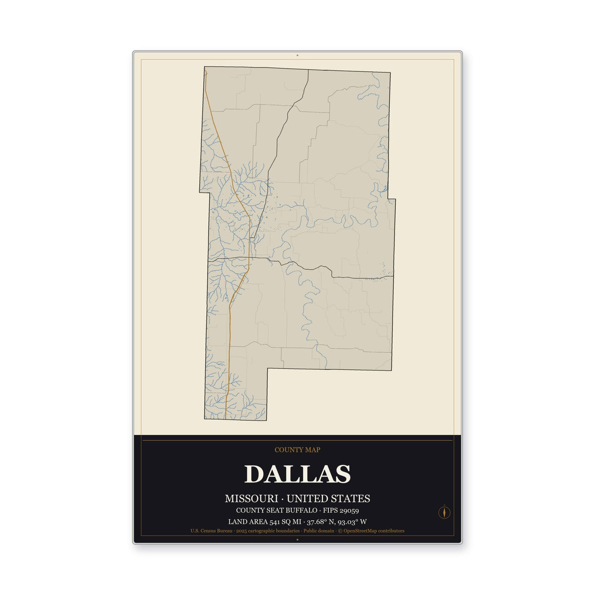 Dallas County, Missouri Map Aluminum Sign in Museum Plaque style