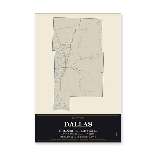 Dallas County, Missouri Map Aluminum Sign in Museum Plaque style