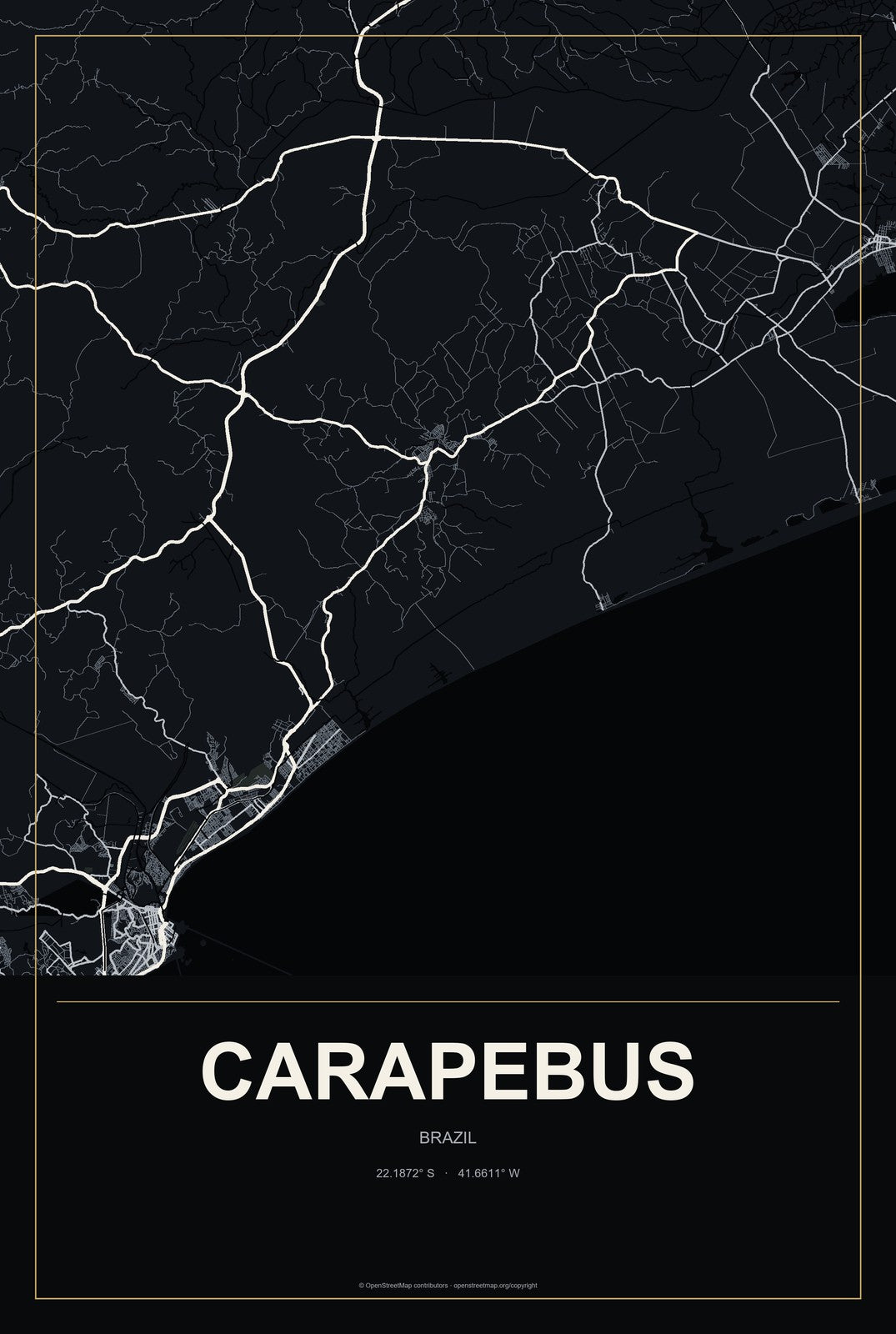 Carapebus, Brazil City Map Aluminum Sign in Metropolitan Noir style