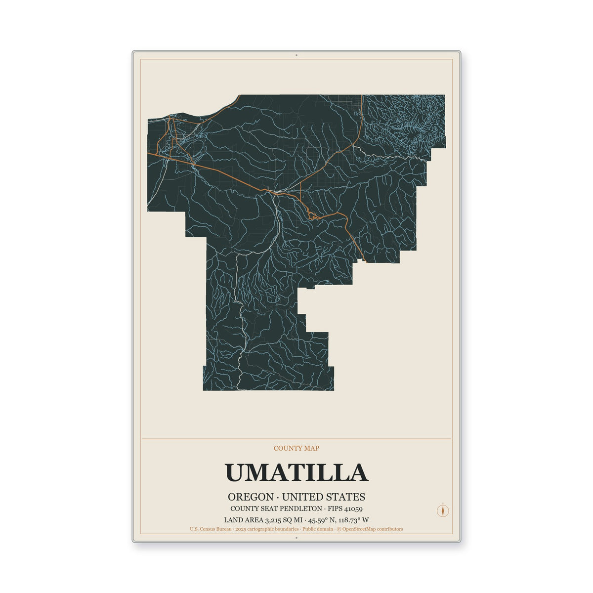 Umatilla County, Oregon Map Aluminum Sign in Headline Atlas style
